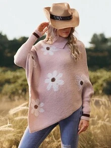 SHEIN 孕妇休闲不对称下摆长袖毛衣 - 藕粉色 - 查看 6