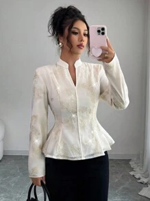 Elenzga 女式优雅刺绣亮片蕾丝花边腰部纹理面料纯色长袖衬衫，秋季