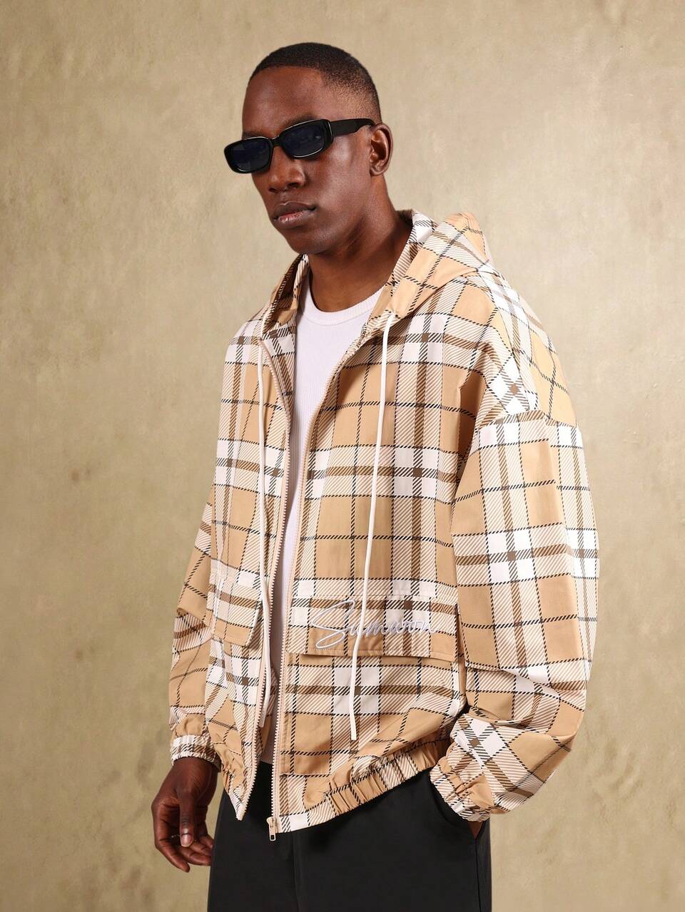 Plaid Cropped Windbreaker With Hood And Zip Front