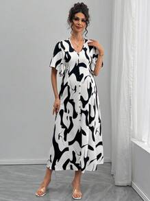 SHEIN Maternity Summer Fashion Color Block Print Split Dress - Black and White - View 1