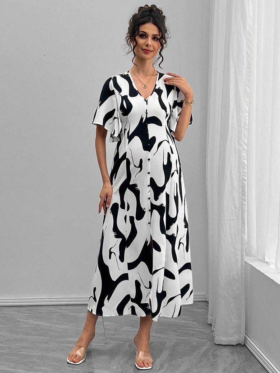 SHEIN Maternity Summer Fashion Color Block Print Split Dress - Black and White - View 1