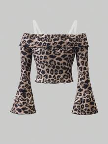 Little Girl's Two Pieces Dress Set, Children's Leopard Print Clothes With Stretchable One-Shoulder Design, Elegant Children's Outfit, Comfortable Clothes Fall Winter - Multicolor - View 4