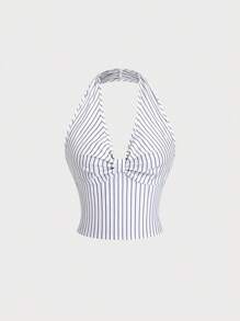 Sweetra Spring/Summer Casual Striped Halter Twist Back Sexy Cropped Shirt For Women - White - View 1