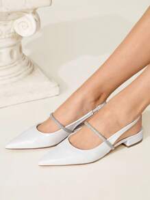 CUCCOO CHICEST Damen minimalistische Mode Spitzschuh weiße Strass Kette Blockabsatz Slip-On Lässig Loafer - Weiss - Übersicht 9