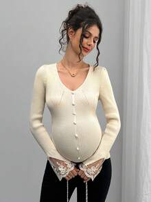 Momance V-Neck Pearl Button Lace Patchwork Knit Sweater Top, Fashionable Layering Piece For Women, Autumn/Winter - Apricot - View 5