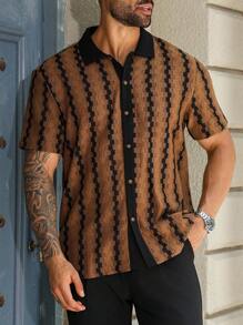 Manfinity Homme 夏季大码男士休闲拼色条纹短袖衬衫 - 咖啡棕 - 查看 3