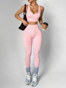 Slayform Slayform Pink Textured Sleeveless Yoga Set With Deep V Neck And Wrap Details Leopard Print Workout Set Two Piece Workout Set Matching Workout Set Gym Set - Pink - View 3