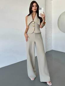 Firerie Women's Casual And Elegant Apricot Faux Linen Wide-Leg Pants Set, Perfect For Commuting And Elegant Looks. /Women's Fall Clothes/Back-To-School Outfits For Women/Teacher Outfits For Women/Teacher Clothes/Business Casual Woman/Business Negotiation/Intellectual Woman Outfits/Metal-Buttoned Babydoll Top/Babydoll Top, - Apricot - View 4