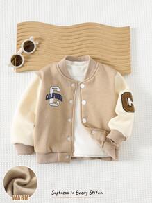Cozy Pixies Baby Boy Letter Pattern Contrast Color Round Neck Long Sleeve Baseball Jacket Baby Boy Jacket Infant Jacket Hooded Baby Jacket Baby Boy Warm Jacket Baby Boy Winter Jacket Fall