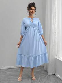SHEIN 孕妇纯色圆领抽绳荷叶边袖休闲连衣裙 - 藍色 - 查看 3