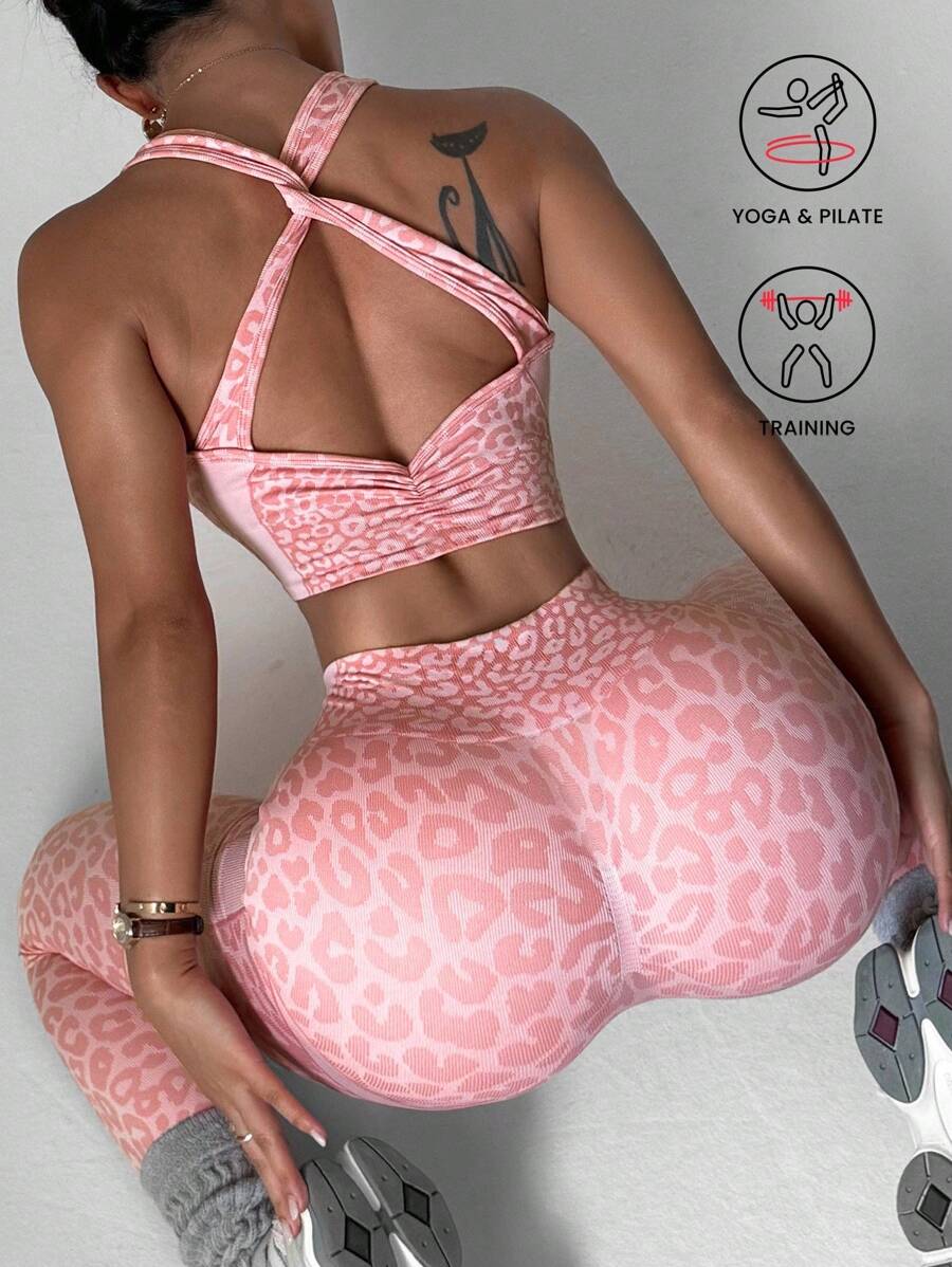 Slayform Slayform Pink Textured Sleeveless Yoga Set With Deep V Neck And Wrap Details Leopard Print Workout Set Two Piece Workout Set Matching Workout Set Gym Set