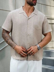 Manfinity Homme Camisa de manga corta de unicolor casual para hombre de talla grande, verano - Caqui - Ver 6
