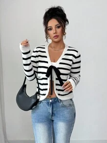 Elenzga New Women's Fashionable & Elegant V-Neck Tie-Up Colorblock Striped Knit Cardigan, Sophisticated Casual Everyday Wear, Autumn/Winter Fall Cloth For Women - Black and White - View 6