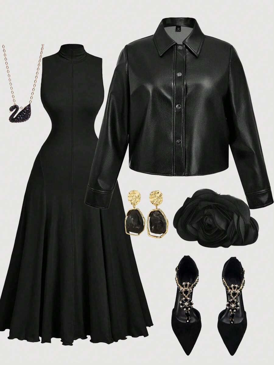 SHEIN MOD 大码女式黑色百搭PU皮夹克，复古前卫机车休闲宽松长袖皮夹克，宽松H型短款PU夹克，秋冬 - 黑色 - 查看 1