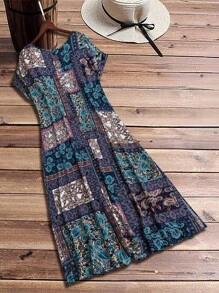 EMERY ROSE Plus Size Women's Vacation Style Patchwork Floral Print Side Slit Loose Long Beach Dress
