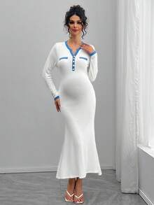 SHEIN Vestido elegante con recorte de bloques de color acanalado, vestido de cola de pez de manga larga con decoración de botones - Blanco - Ver 1