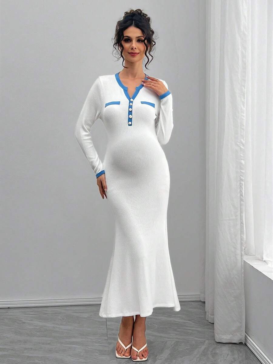 SHEIN Vestido elegante con recorte de bloques de color acanalado, vestido de cola de pez de manga larga con decoración de botones - Blanco - Ver 1