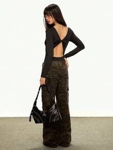 INAWLY Sexy Solid Color Twist Back Long Sleeve Bodysuit Fall Cloth For Women - Black - View 1