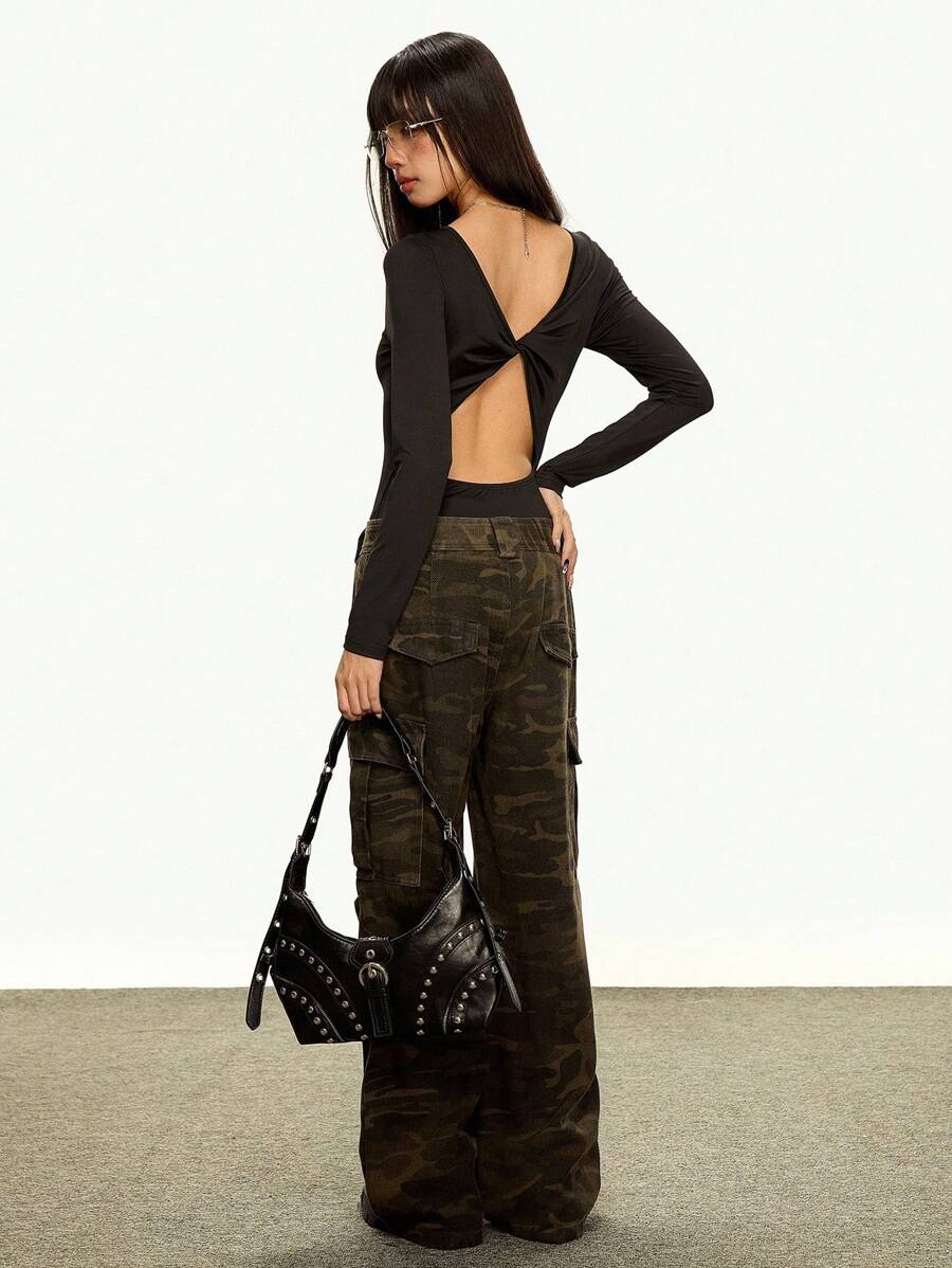 INAWLY Sexy Solid Color Twist Back Long Sleeve Bodysuit Fall Cloth For Women - Black - View 1