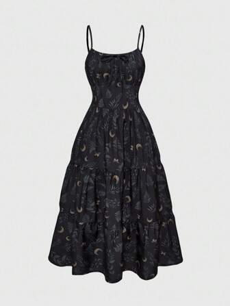 Goth Plus Size Women Summer Beach Bohemian Holiday Crescent Moon & Plant Vintage Full Print Sleeveless Dress