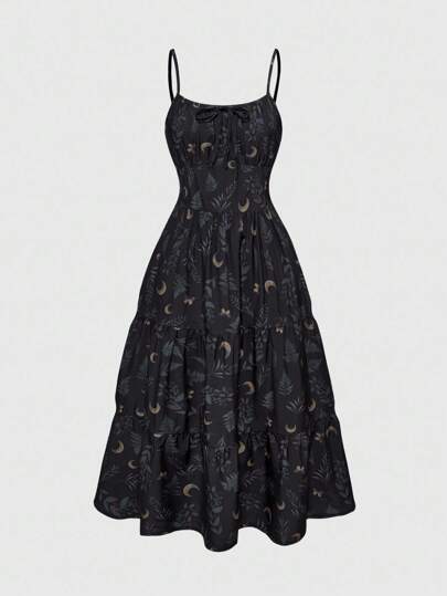 Goth فستان طويل مطبوع بالكامل بتصميم هلال القمر والنباتات والطراز العتيق، بدون أكمام، مناسب للسيدات ذوات الأحجام الكبيرة للاستخدام في الشاطئ وعطلات الصيف