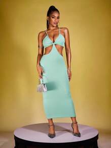 Zyxie Women Summer Solid Color Waist Cutout Slim Strappy Dress - Green - View 1