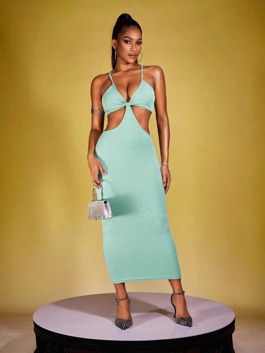 Zyxie Women Summer Solid Color Waist Cutout Slim Strappy Dress - Green - View 1