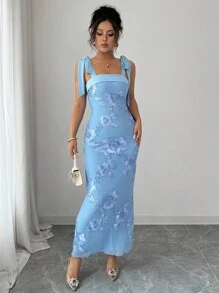 Elenzga 女式春夏时尚优雅无袖细肩带长肩带腰部刺绣 3D 纹理蕾丝紧身连衣裙 - 藍色 - 查看 1