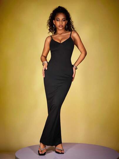 INAWLY Vestido largo y ajustado para mujer de un solo color con tirantes estilo espagueti y espalda descubierta