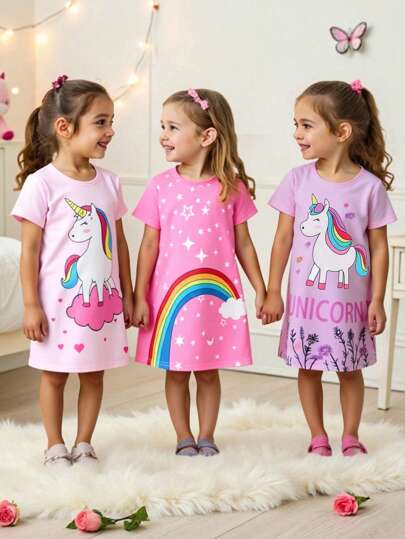 SHEIN Playful Pals 3pcs/Set Girls Cute Floral, Rainbow Unicorn, Cloud & Star Graphic Sleeveless Long Nightgown Pajama Set, Colorful Kids Clothes For Girls Girls Unicorn Clothes Clothes For Girls Kids Girls Clothes For Kids Clothes For Kids Girls