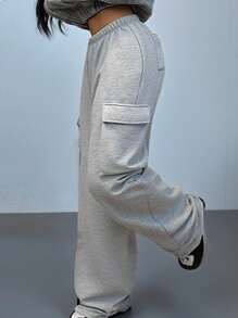 SHEIN Tween Girls' Winter Streetwear Basic Casual Loose Fit Gray Sweatpants,Christmas/New Year/Thanksgiving/Party/Elegant/Chic,Comfortable,Warm - Light Grey - View 3