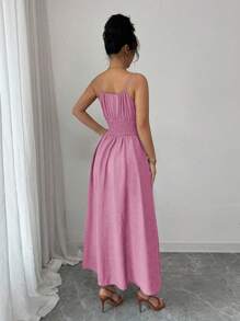 Elenzga Vestido cómodo de verano y primavera de fibra de lino color café con lazo frontal y cintura con lazada, estilo casual y fluido - Rosa - Ver 2