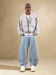 SUMWON Blugi din denim cu model în carouri, cu croială largă, stil streetwear retro, pantaloni casual de toamnă-iarnă, cu design matlasat pătrat - Albastru - Vizualizare 3