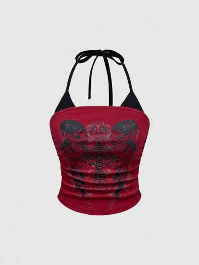 Grunge Punk Plus Size Women Sexy Skull Color Contrast Halter Neck Tank Top
