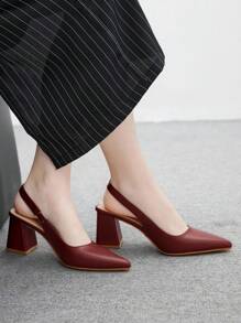 CUCCOO BIZCHIC 尖头粗高跟酒红色后带简约女士高跟鞋，简约镂空后跟女士正装鞋，适合日常、通勤和工作装 - 酒紅色 - 查看 3