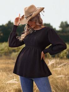 SHEIN Solid Color Cable Knit Ruffle Hem Maternity Sweater - Black - View 1