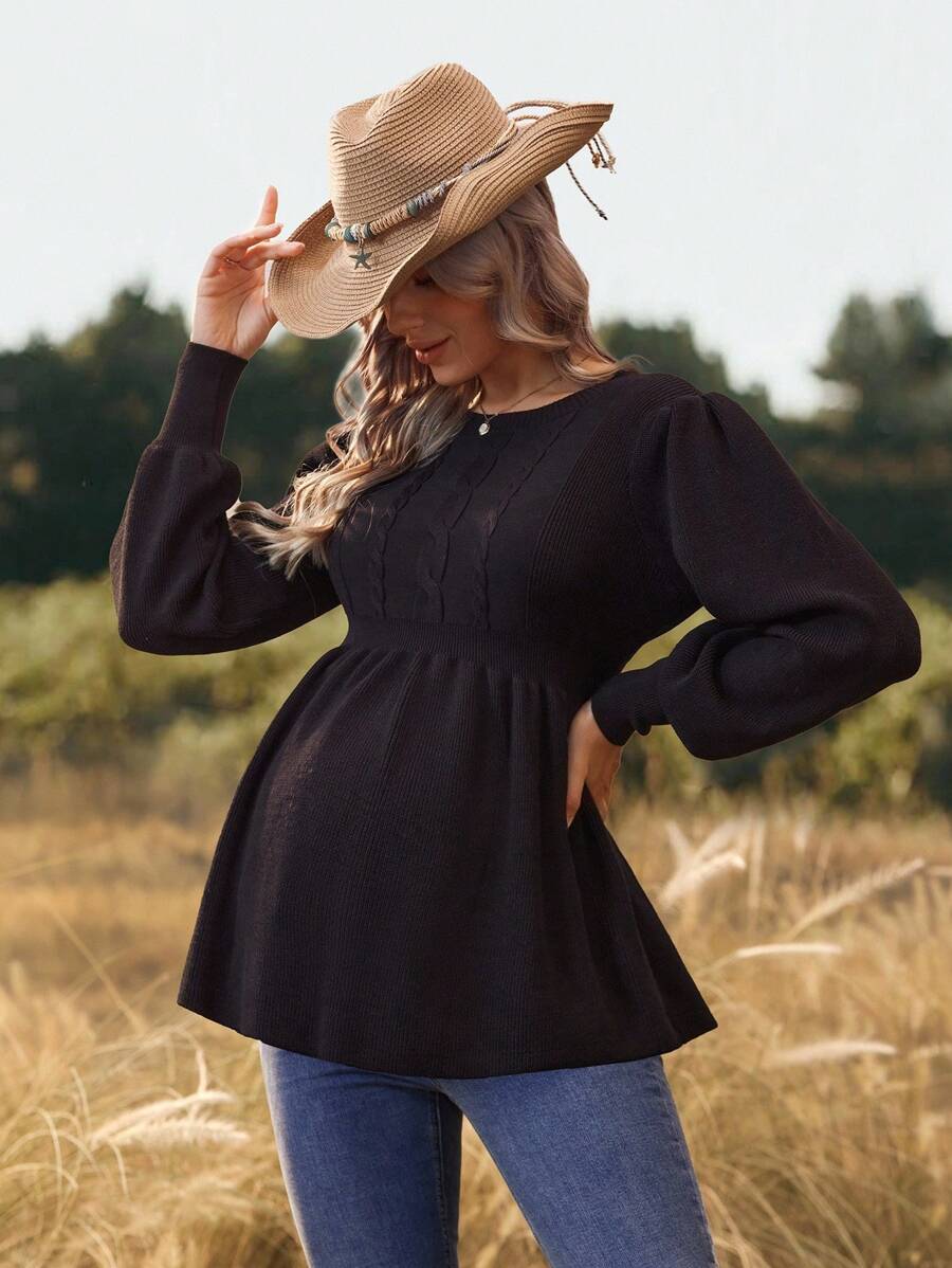 SHEIN Solid Color Cable Knit Ruffle Hem Maternity Sweater - Black - View 1