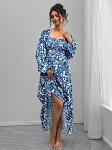 Momance Elegant Floral Print Dress For Pregnant Women, Suitable For Commuting - Blue - View 4