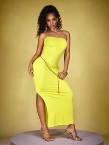 INAWLY 女士优雅纯色侧开衩连衣裙，无袖