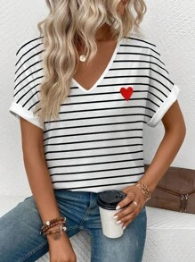 SHEIN Women's V-Neck Short Sleeve Loose Striped Heart Print Bestselling T-Shirt - Multicolor - View 5