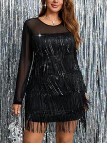 SHEIN Clasi 大码优雅简约流苏网眼长袖连衣裙 - 黑色 - 查看 12