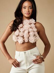 MISSGUIDED Floral Chain Halter Top Handmade Rose Applique Crop Top Festival Summer Party Wedding Guest Special Occasion Statement Piece