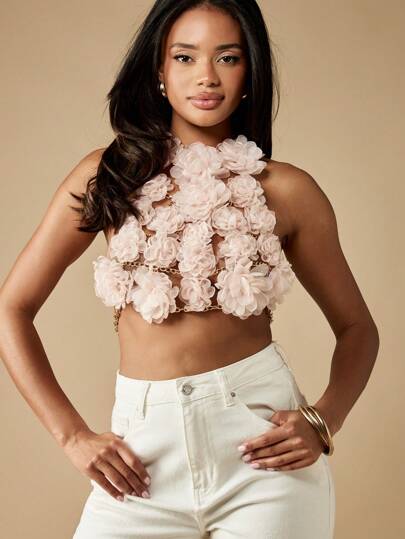 MISSGUIDED 花卉链条露背上衣手工玫瑰贴花短款上衣节日夏季派对婚礼宾客特殊场合个性单品