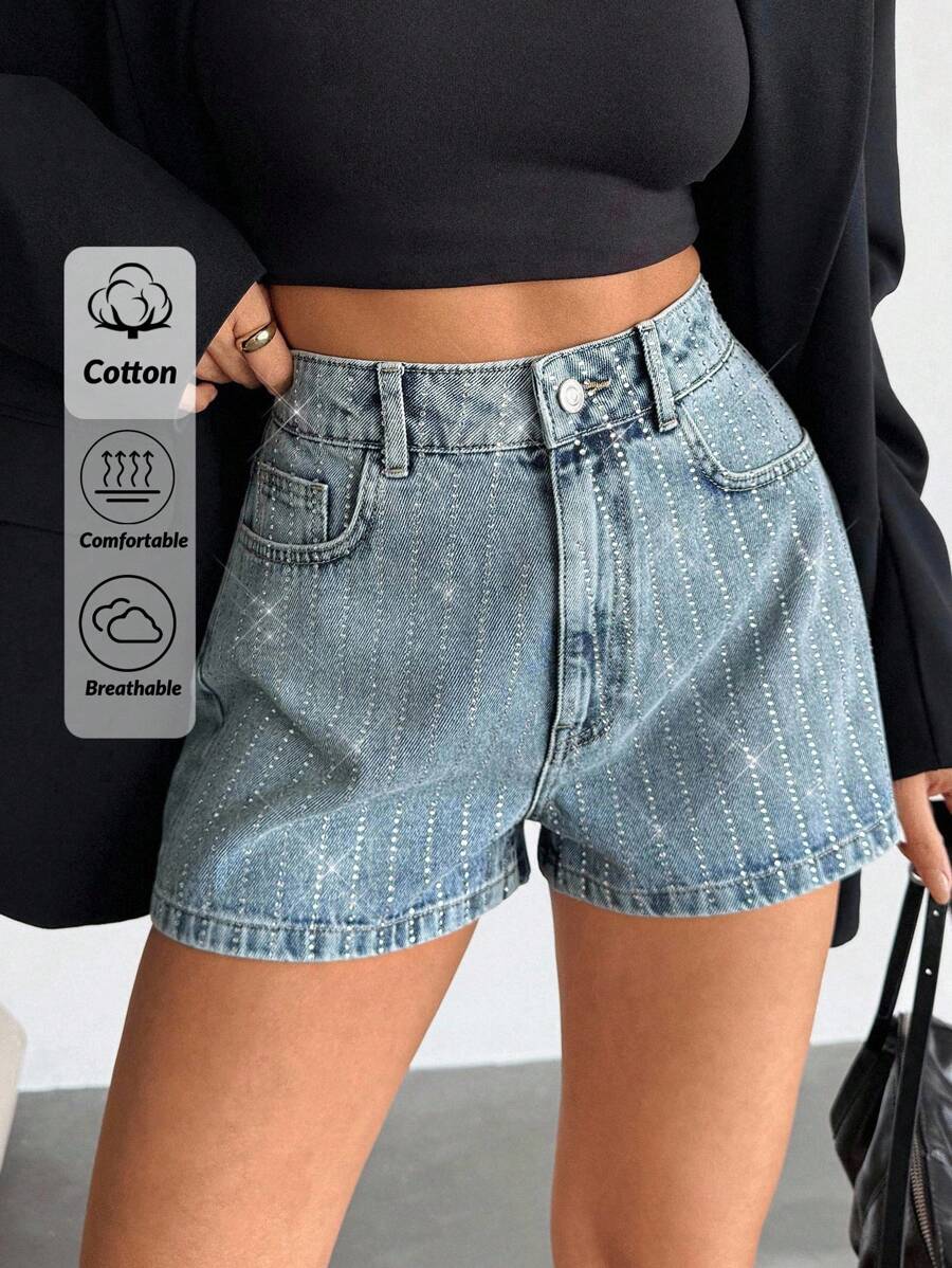 EURMUSE High Waist Rhinestone Deocr Denim Shorts Womens Shorts Women S Outfits  Work Outfits For Women Womens Petite - Light Wash - View 1
