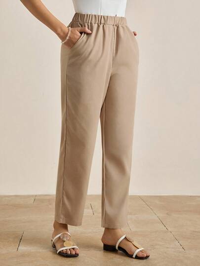 INAWLY Women's Casual, Minimalist Style, Solid Color Elastic Waistband Tapered Pants With Diagonal Pockets Pants, Autumn &Winter Fall Cloth For Women