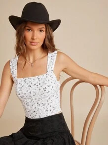 WESTFADE Áo crop top hở lưng in họa tiết hoa cổ vuông cài nút phía trước không tay thắt nơ phía sau cho kỳ nghỉ hè trên bãi biển ngày 4 tháng 7 - Màu be - Xem 3