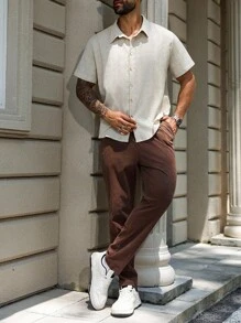 Manfinity Homme Plus Size Men's Single-Breasted Casual/Business Short Sleeve Shirt