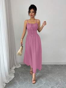 Elenzga Vestido cómodo de verano y primavera de fibra de lino color café con lazo frontal y cintura con lazada, estilo casual y fluido - Rosa - Ver 7
