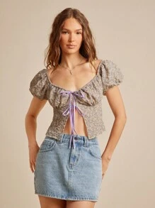 WESTFADE 纹理碎花印花甜心领蝴蝶结前短款泡泡袖飘逸上衣夏季纳什维尔度假乡村西部牛仔女牛仔音乐会 - 紫色 - 查看 5