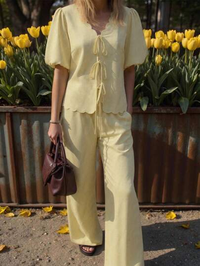 Jouncy 2pcs/Set Women's Vacation Solid Color Lantern Sleeve Front Tie Shirt And Pants Set